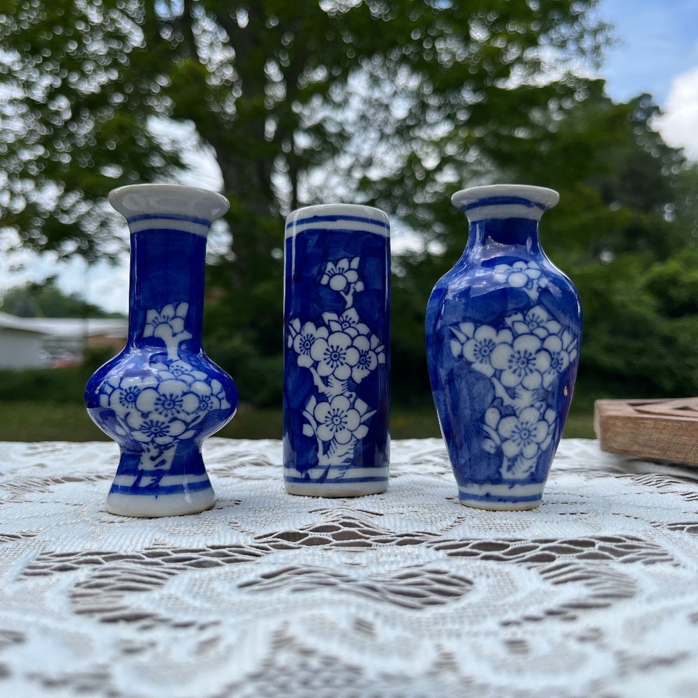 3  Japanese Hand Painted Floral Blue Bud Vases Glazed Pottery Porcelain Vintage